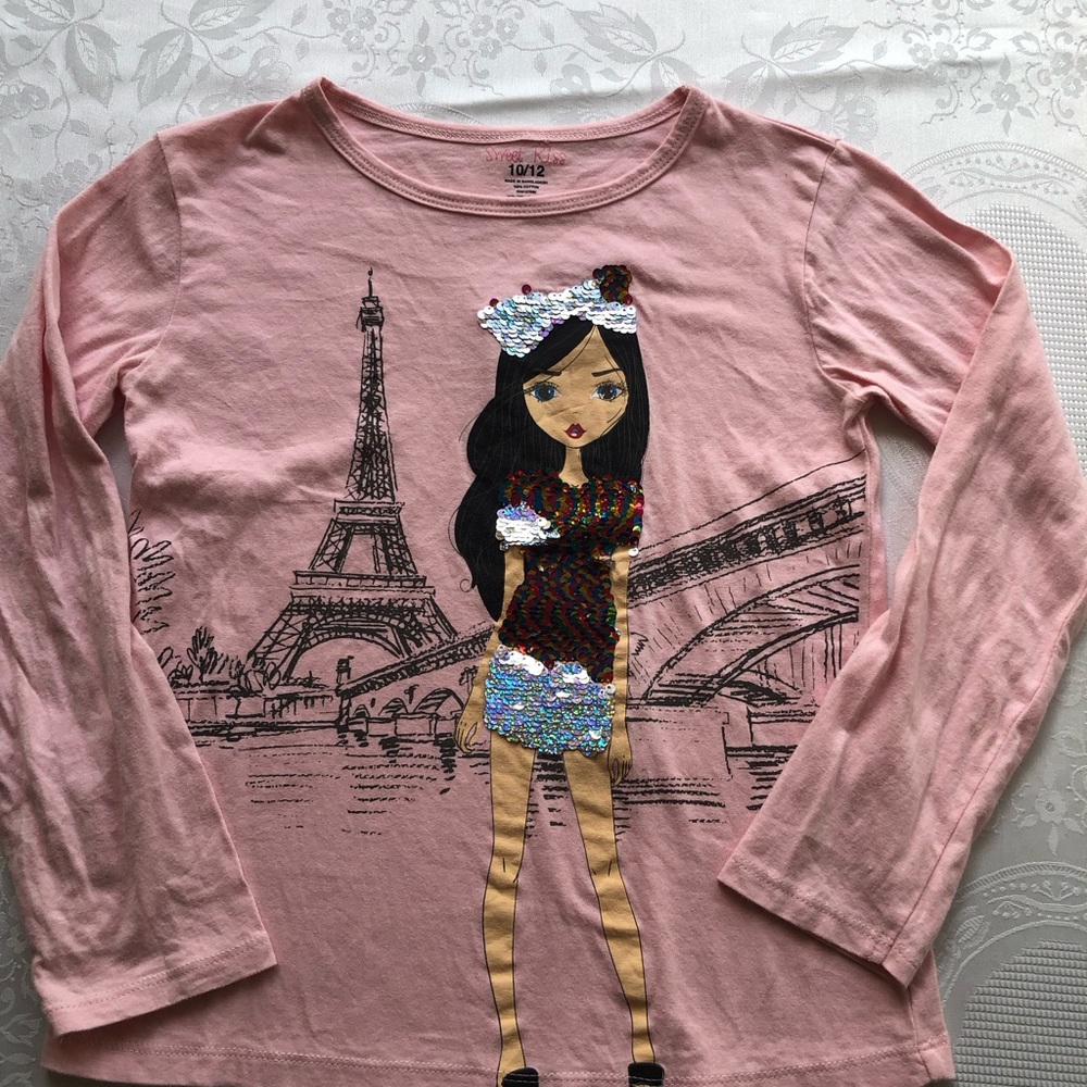 Sweet Kiss Pink Long Sleeves T-Shirt A Girl In Paris Girls Size 10/12 Top Casual